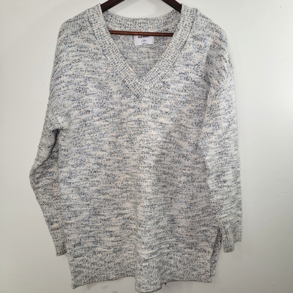 Old Navy Women's Blue Space Dye Ribbed Knit V Neck Tunic Length Sweater M Cotton